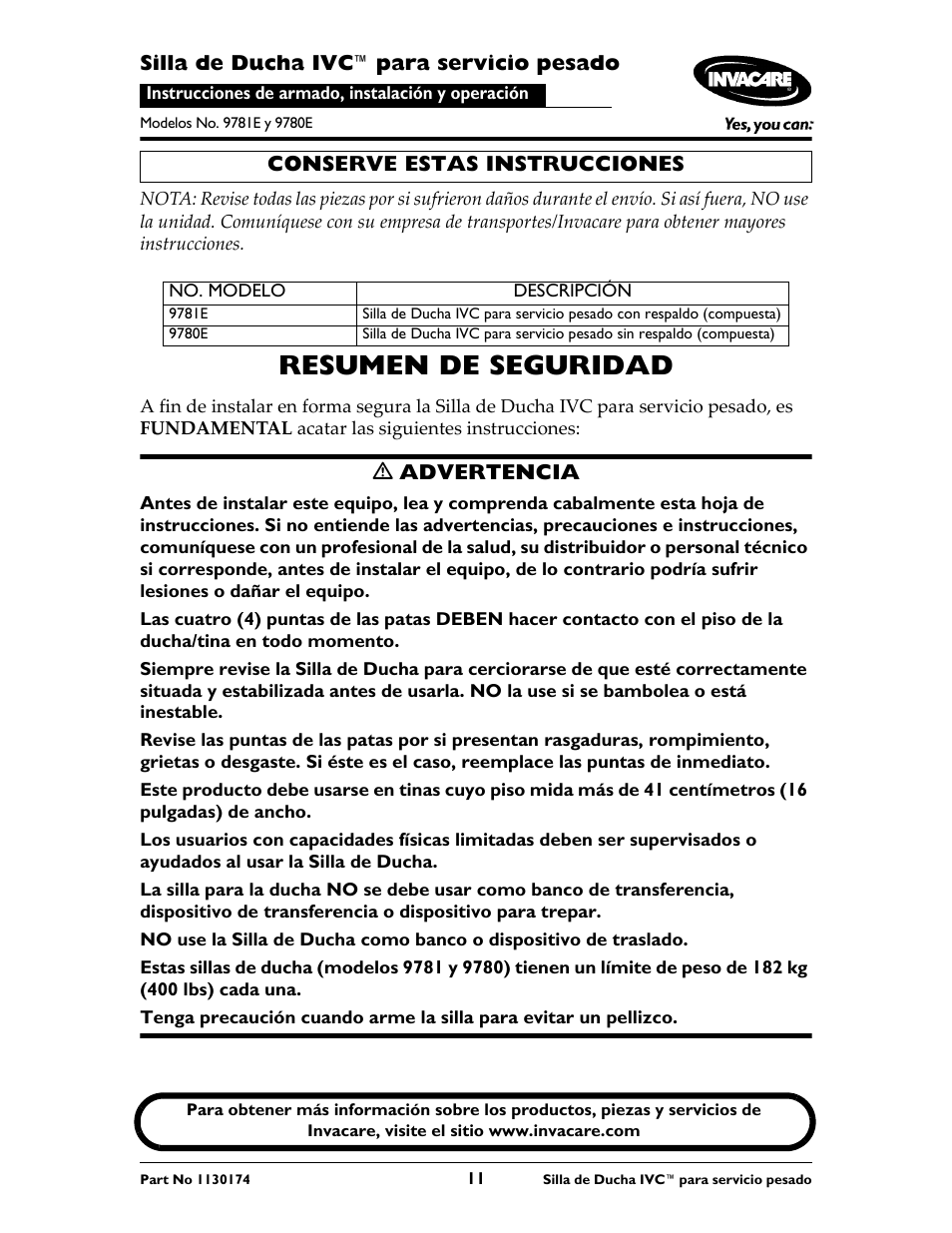 Resumen de seguridad | Invacare 9780E User Manual | Page 11 / 28