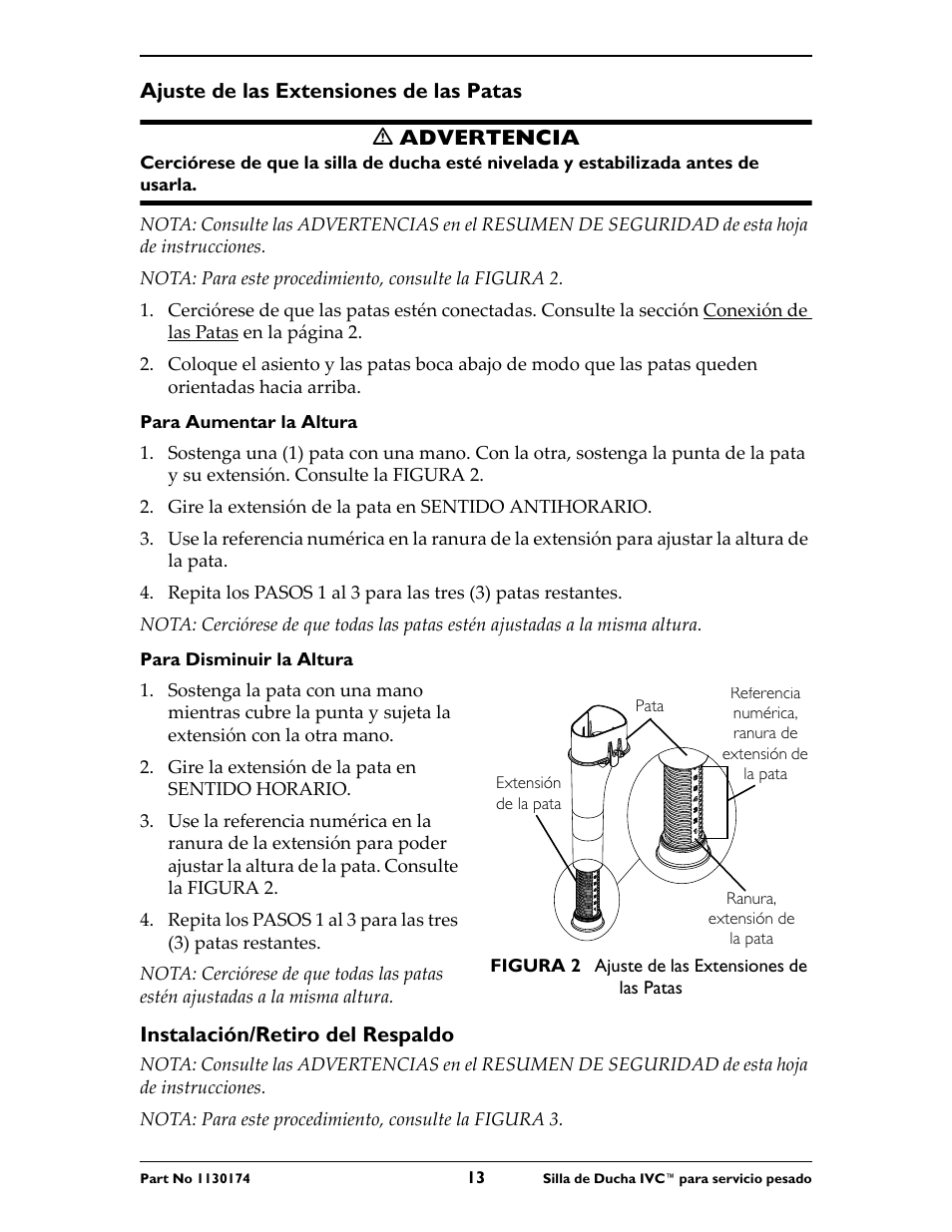 Ajuste de las extensiones de las patas, Instalación/retiro del respaldo | Invacare 9780E User Manual | Page 13 / 28