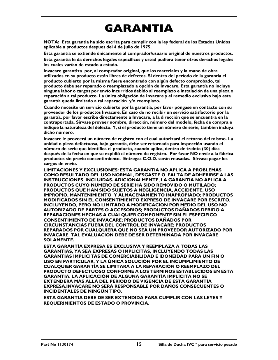Garantia | Invacare 9780E User Manual | Page 15 / 28