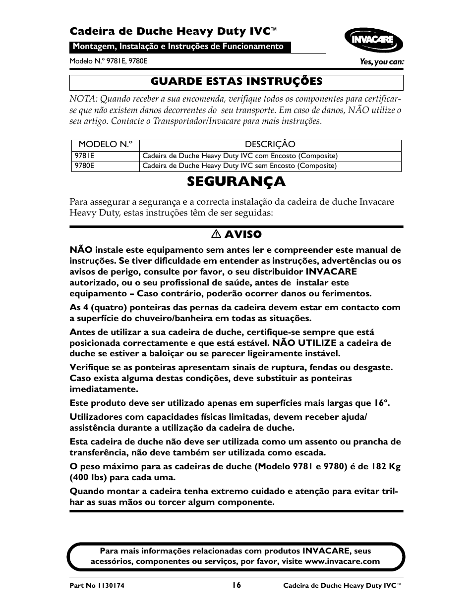Segurança | Invacare 9780E User Manual | Page 16 / 28