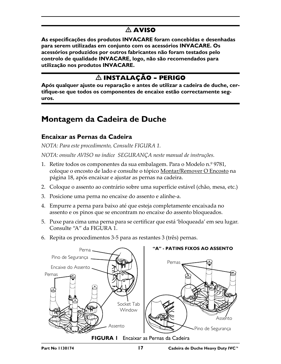 Montagem da cadeira de duche, Encaixar as pernas da cadeira | Invacare 9780E User Manual | Page 17 / 28