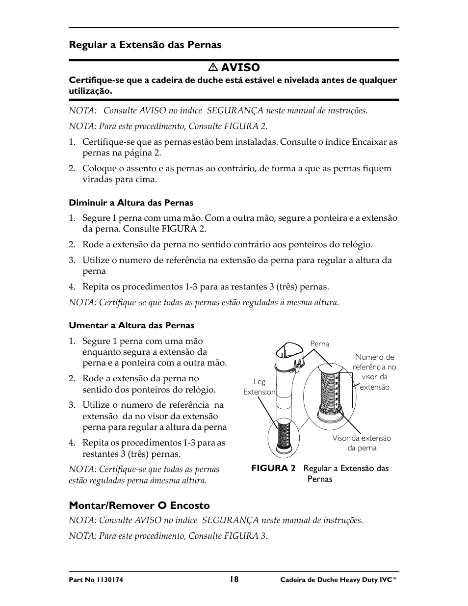 Regular a extensão das pernas, Montar/remover o encosto | Invacare 9780E User Manual | Page 18 / 28