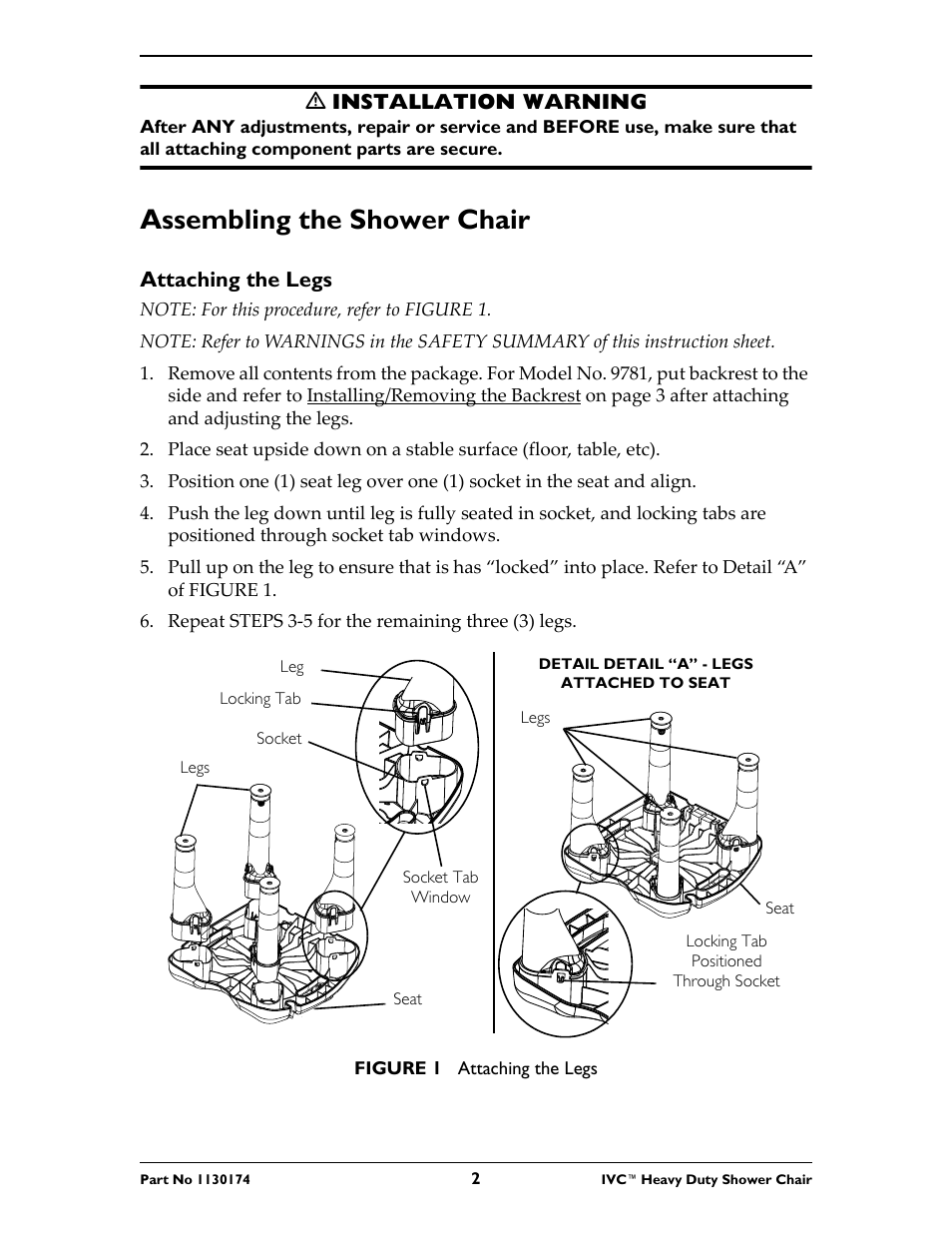 Assembling the shower chair, Attaching the legs | Invacare 9780E User Manual | Page 2 / 28