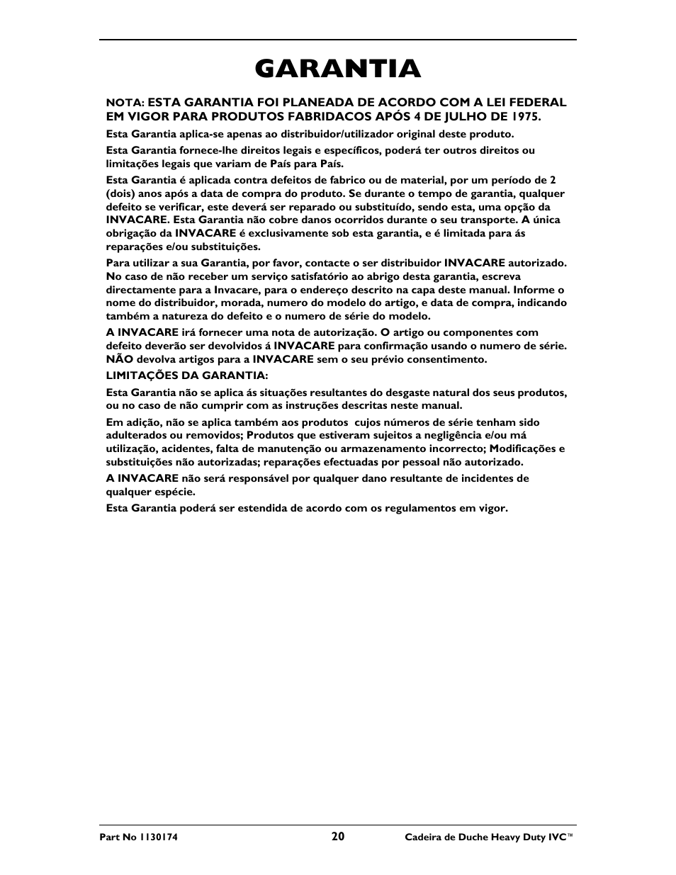 Garantia | Invacare 9780E User Manual | Page 20 / 28