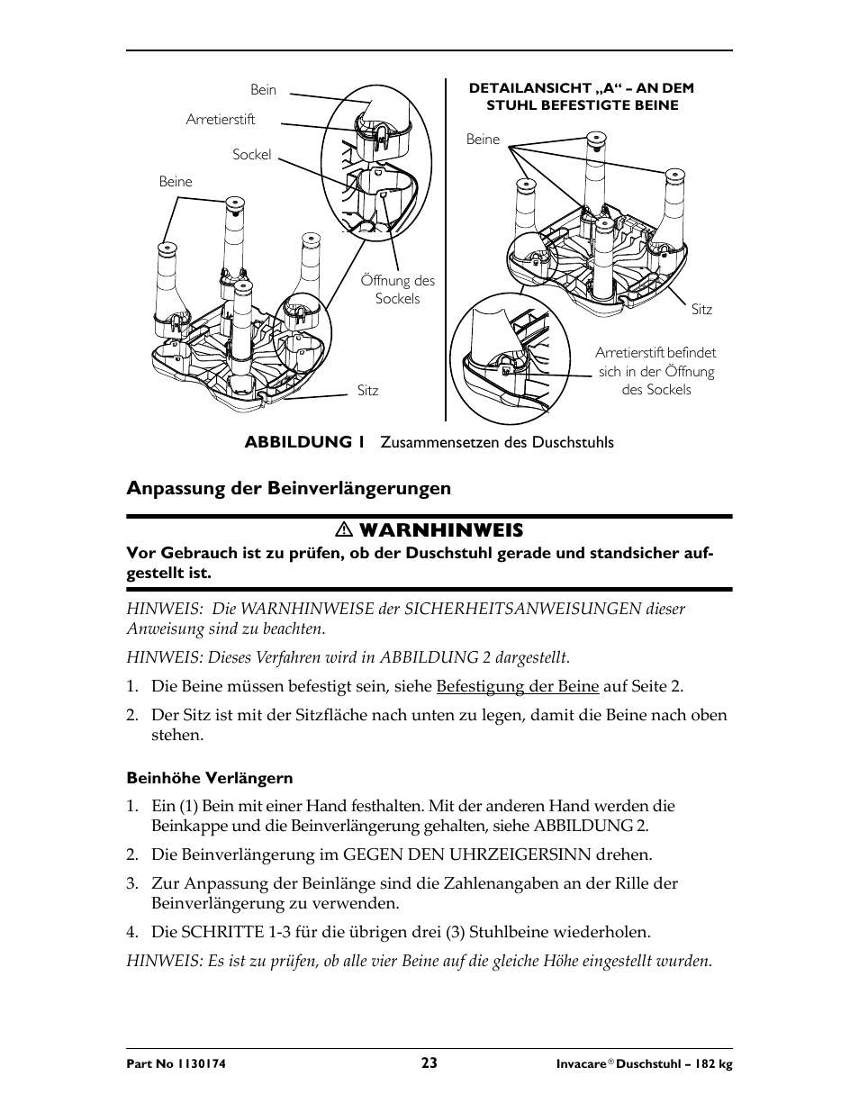 Anpassung der beinverlängerungen, Anpassung der beinverlängerungen ƽ warnhinweis | Invacare 9780E User Manual | Page 23 / 28