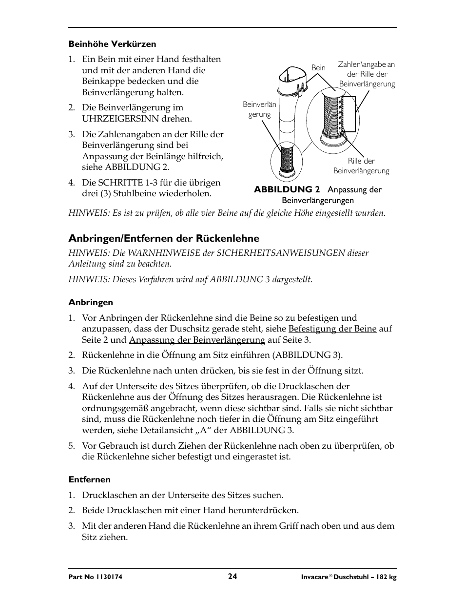 Anbringen/entfernen der rückenlehne, In abbildung 2 dar, Ng gehalten, siehe abbildung 2 | Invacare 9780E User Manual | Page 24 / 28