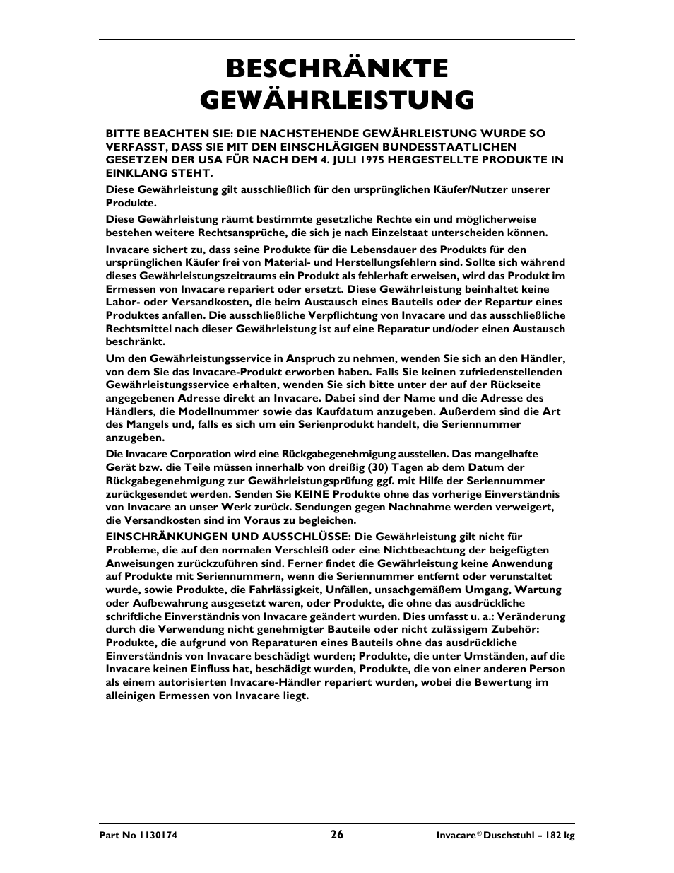Beschränkte gewährleistung | Invacare 9780E User Manual | Page 26 / 28
