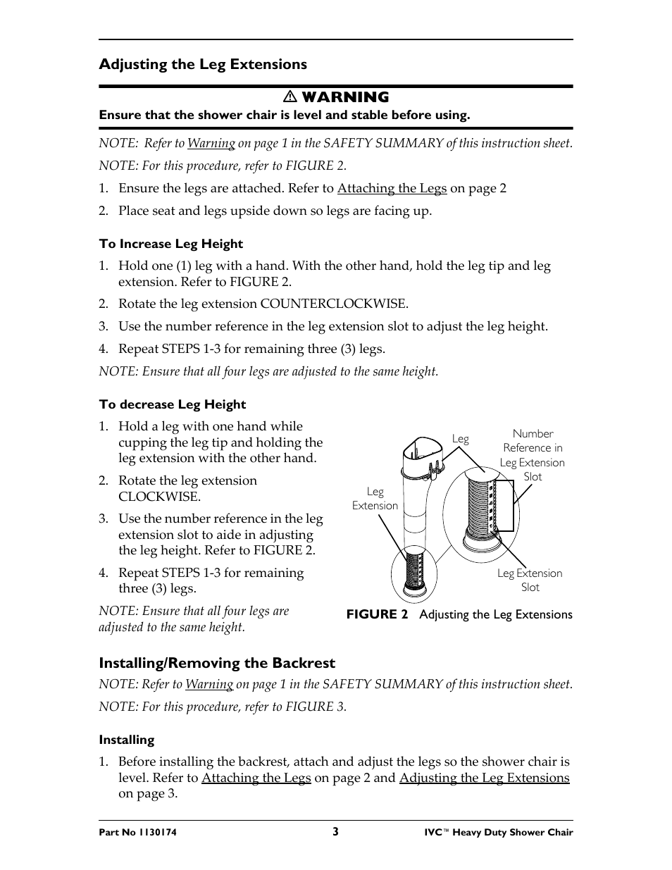 Adjusting the leg extensions, Installing/removing the backrest | Invacare 9780E User Manual | Page 3 / 28