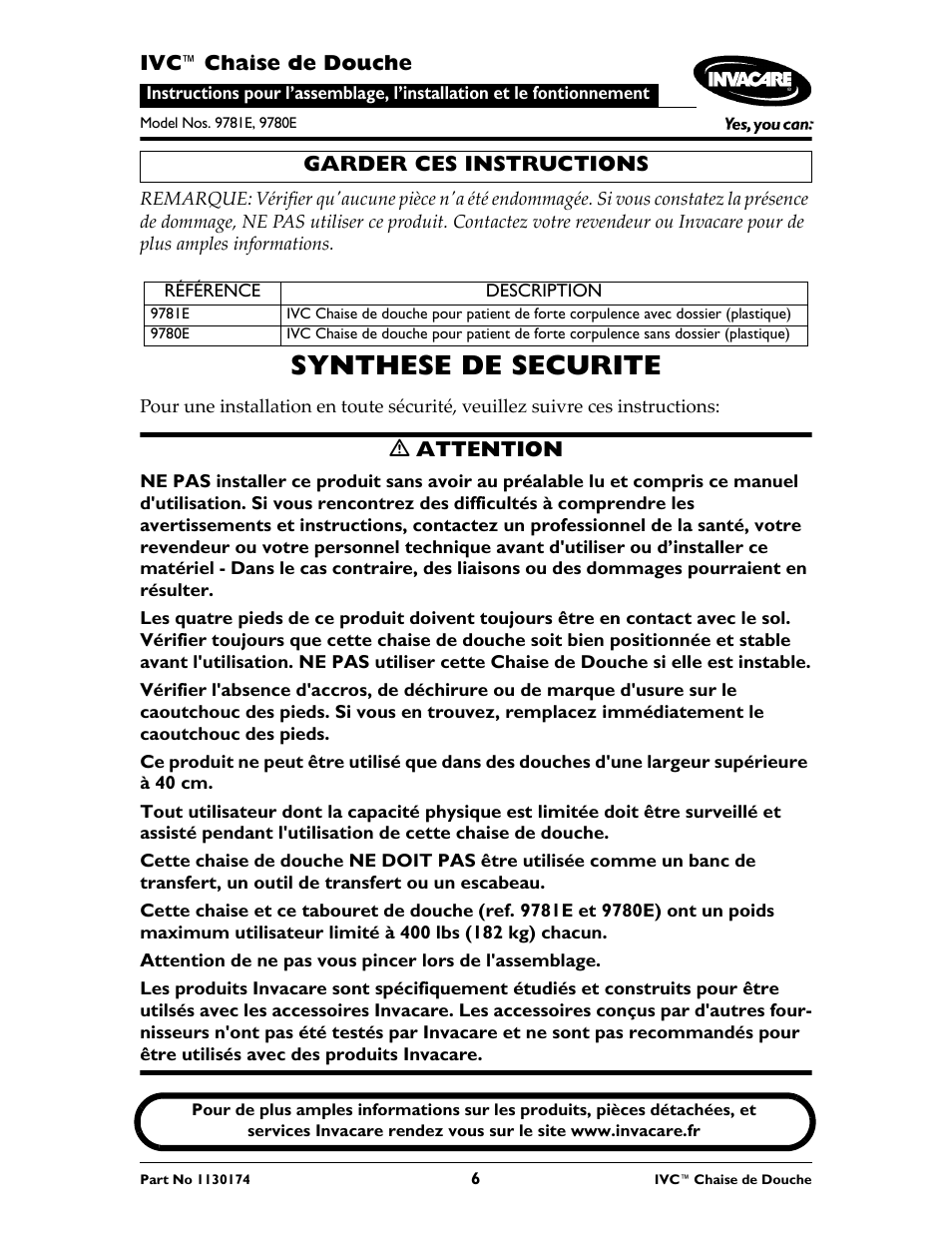 Synthese de securite | Invacare 9780E User Manual | Page 6 / 28