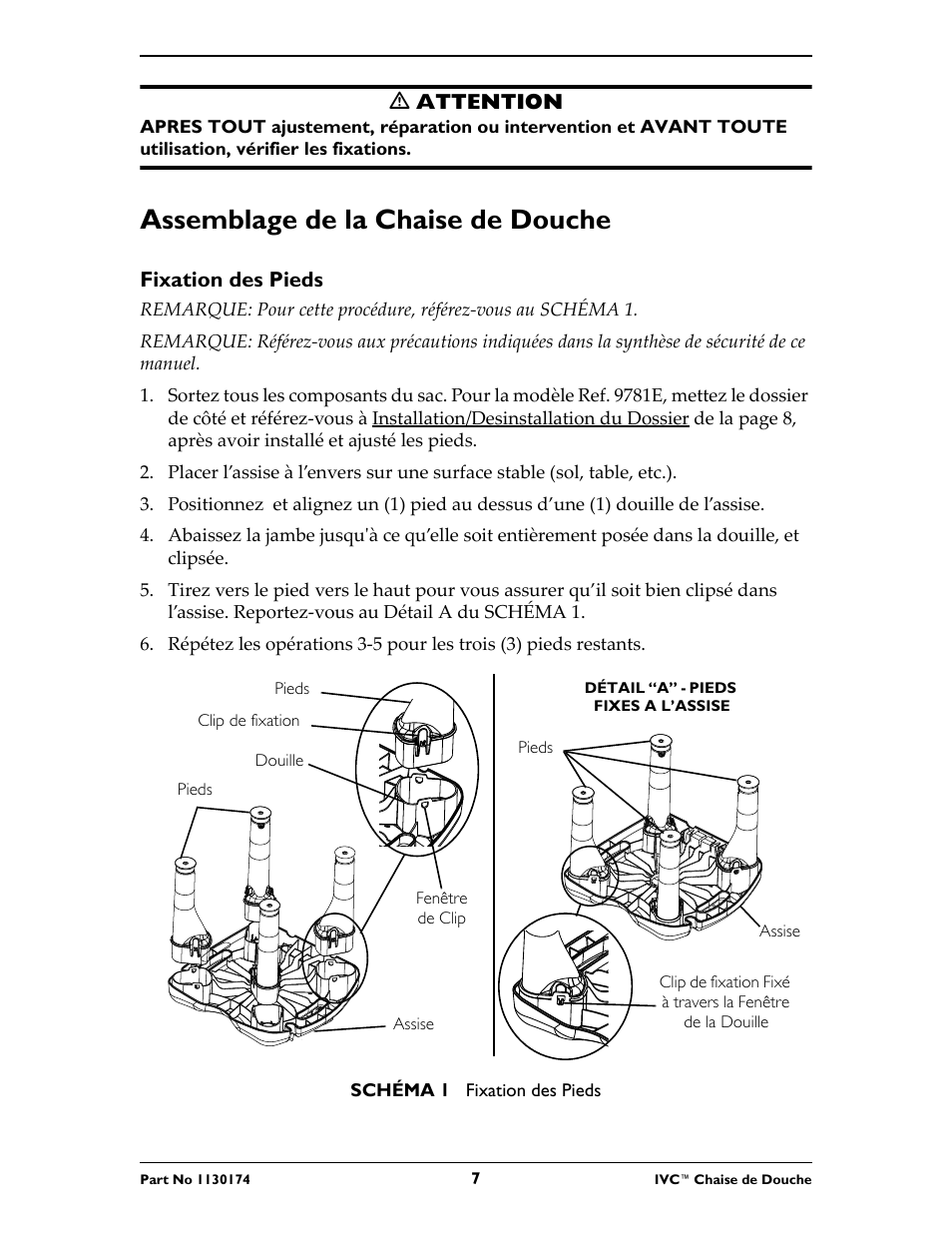 Assemblage de la chaise de douche, Fixation des pieds | Invacare 9780E User Manual | Page 7 / 28