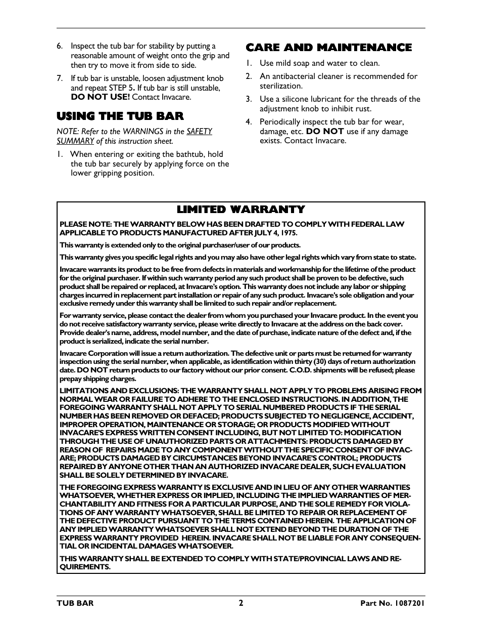 Using the tub bar, Limited warranty, Care and maintenance | Invacare 705 User Manual | Page 2 / 8