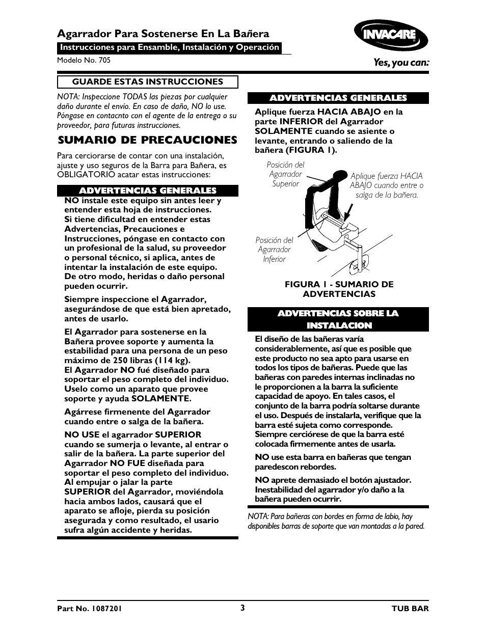 Agarrador para sostenerse en la ba ñ era, Sumario de precauciones | Invacare 705 User Manual | Page 3 / 8