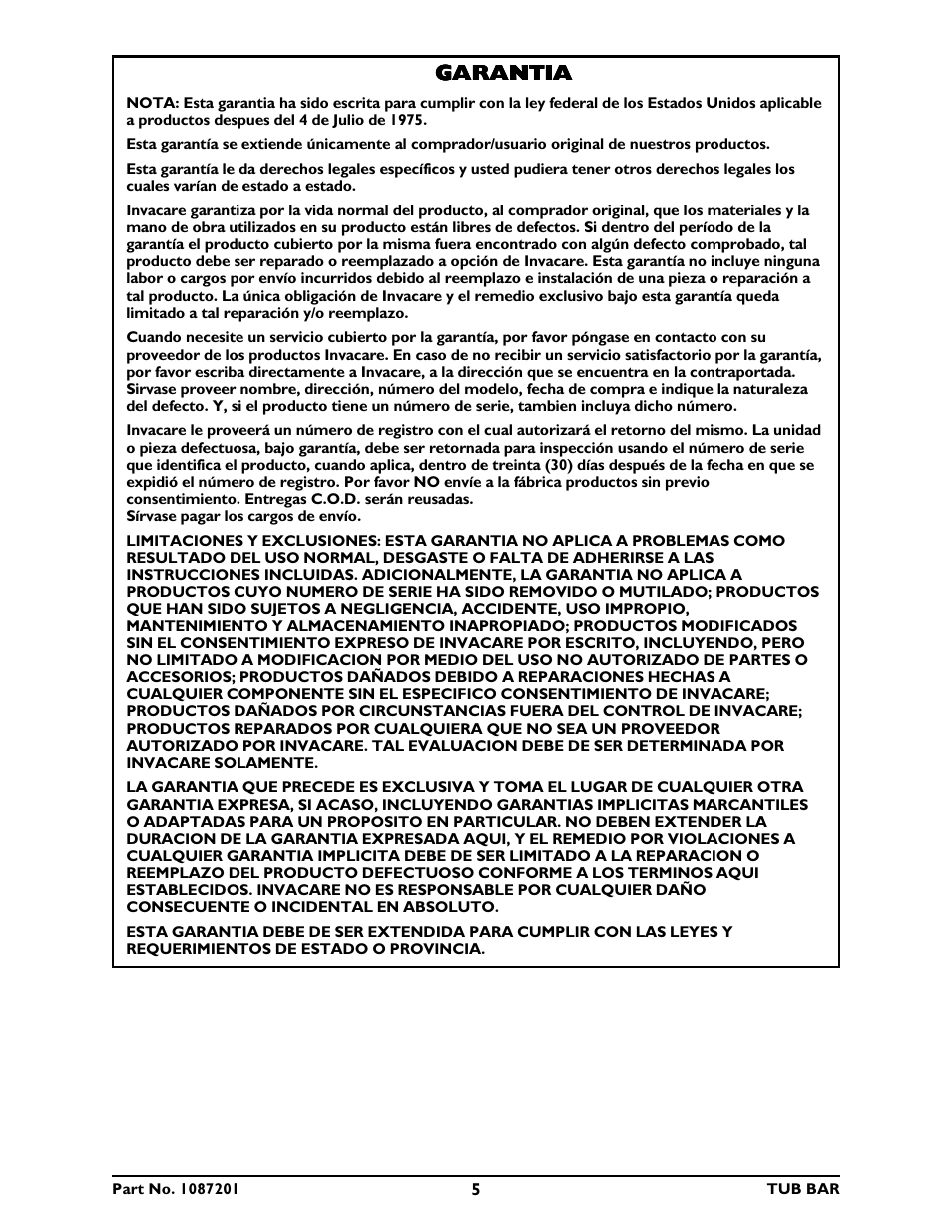 Garantia | Invacare 705 User Manual | Page 5 / 8