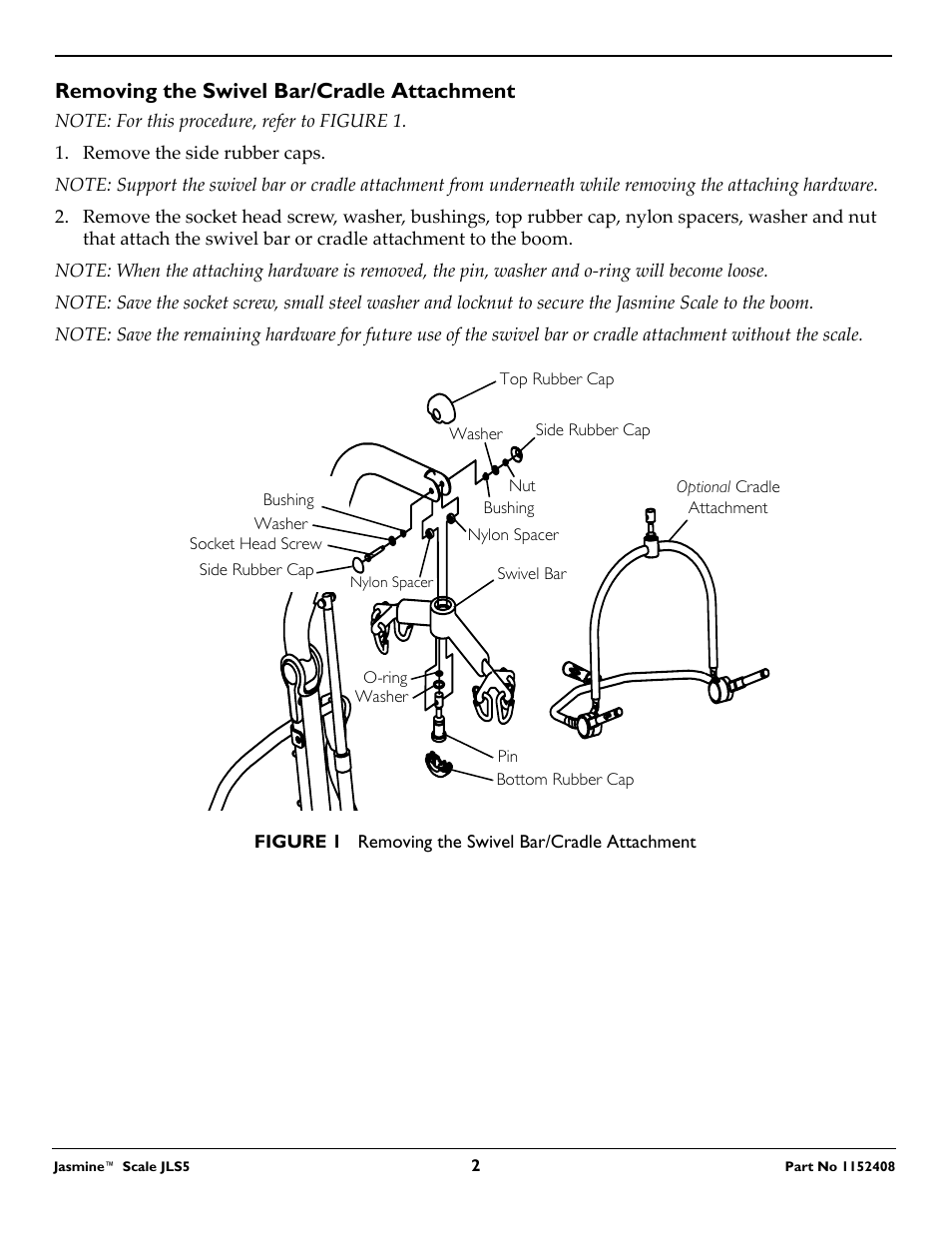 Removing the swivel bar/cradle attachment | Invacare Jasmine JLS5 User Manual | Page 2 / 8