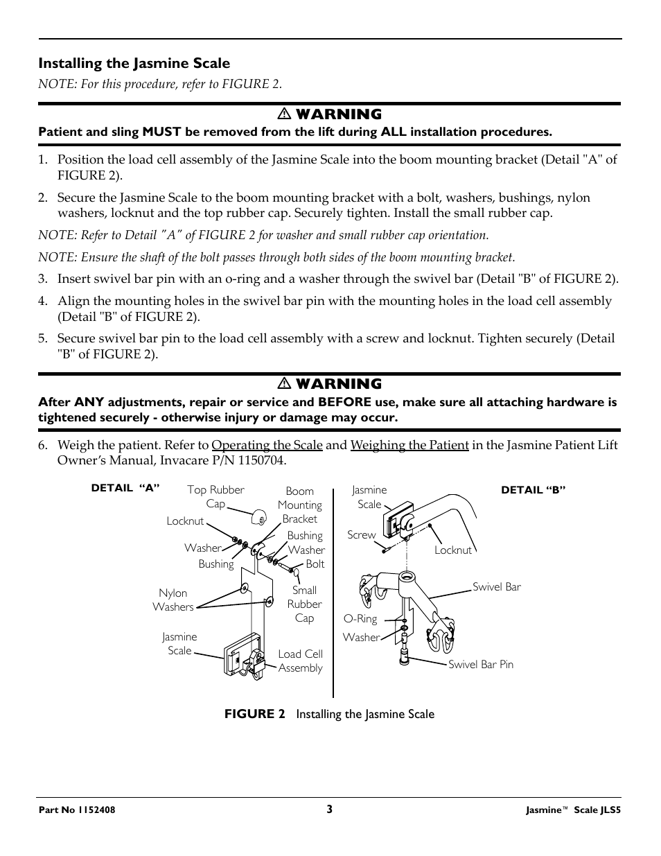 Installing the jasmine scale, Ƽ warning | Invacare Jasmine JLS5 User Manual | Page 3 / 8