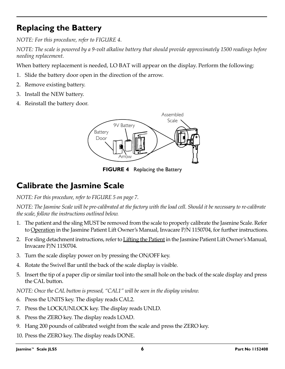 Replacing the battery, Calibrate the jasmine scale | Invacare Jasmine JLS5 User Manual | Page 6 / 8