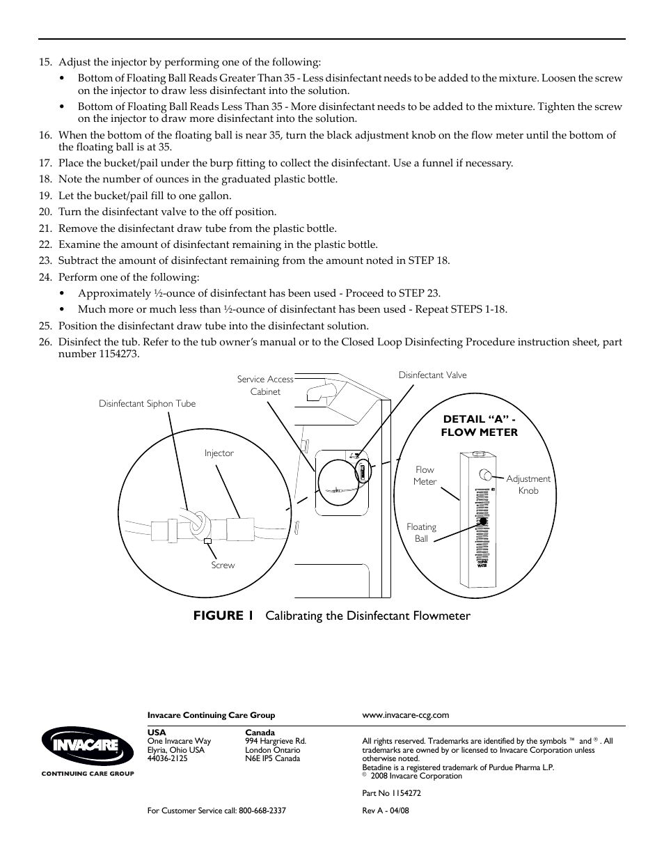 Figure 1 calibrating the disinfectant flowmeter | Invacare 1154272 User Manual | Page 2 / 2