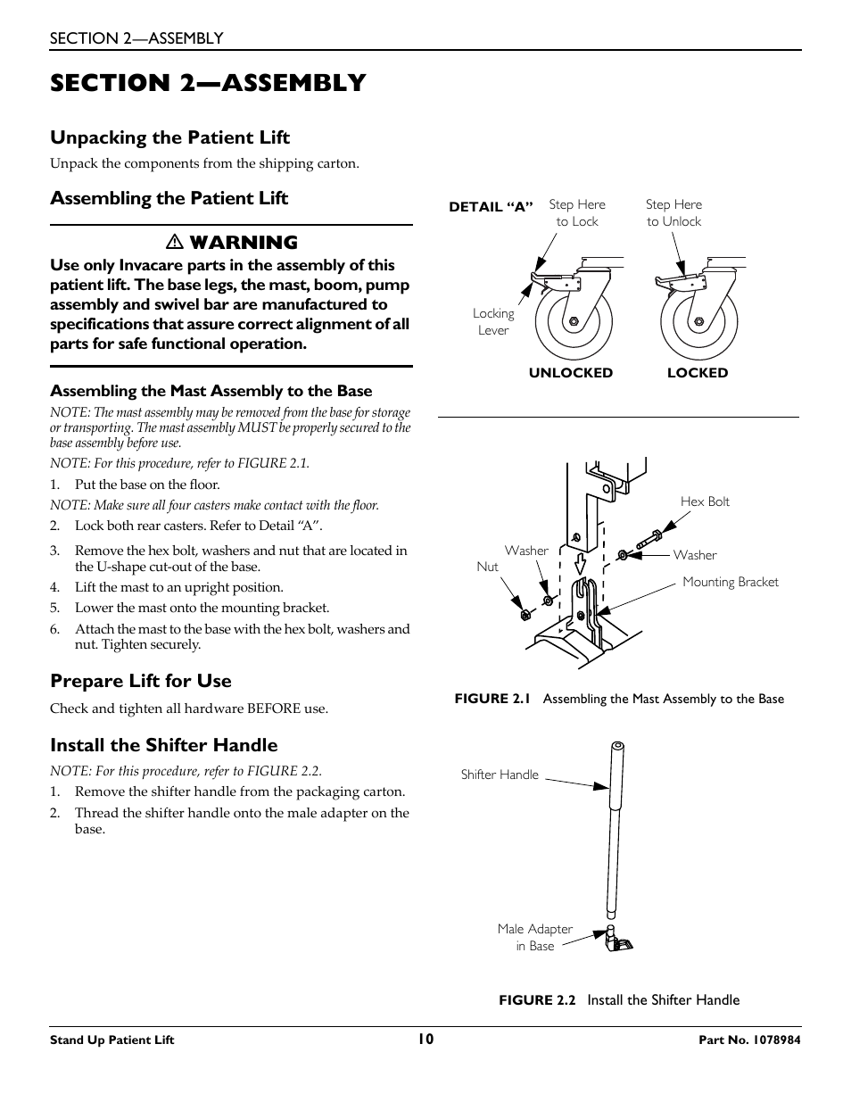 Section 2— assembly, Unpacking the patient lift, Assembling the patient lift | Assembling the mast assembly to the base, Prepare lift for use, Install the shifter handle, Section 2—assembly, Assembling the patient lift ƽ warning | Invacare RPS350-1 User Manual | Page 10 / 24