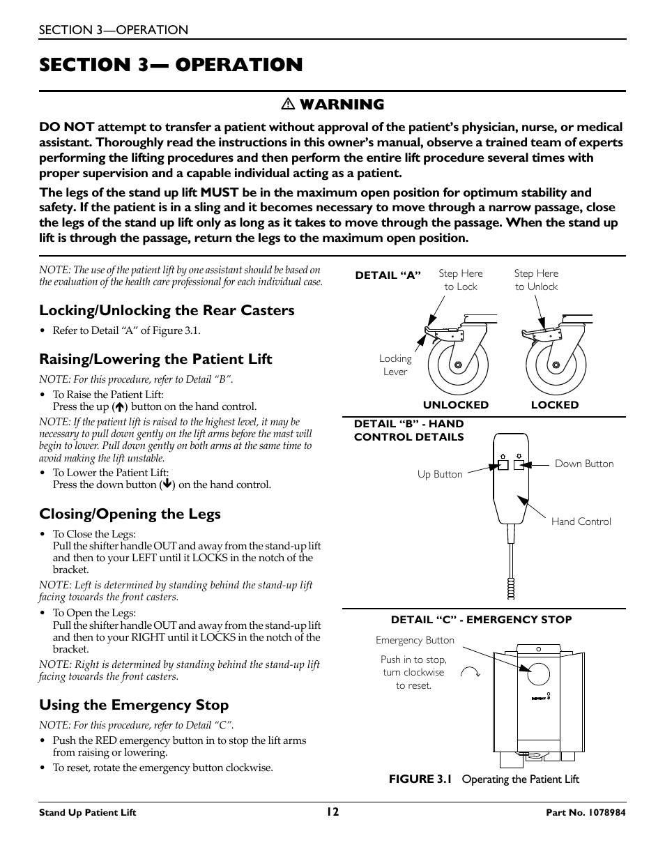 Section 3— operation, Locking/unlocking the rear casters, Raising/lowering the patient lift | Closing/opening the legs, Using the emergency stop, Ƽ warning | Invacare RPS350-1 User Manual | Page 12 / 24