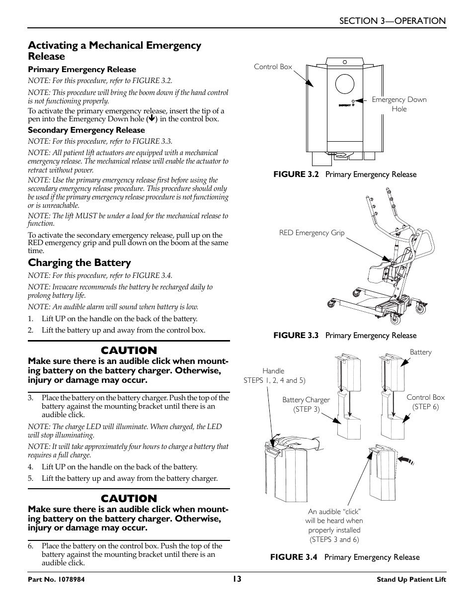 Activating a mechanical emergency release, Primary emergency release, Secondary emergency release | Charging the battery, Caution | Invacare RPS350-1 User Manual | Page 13 / 24