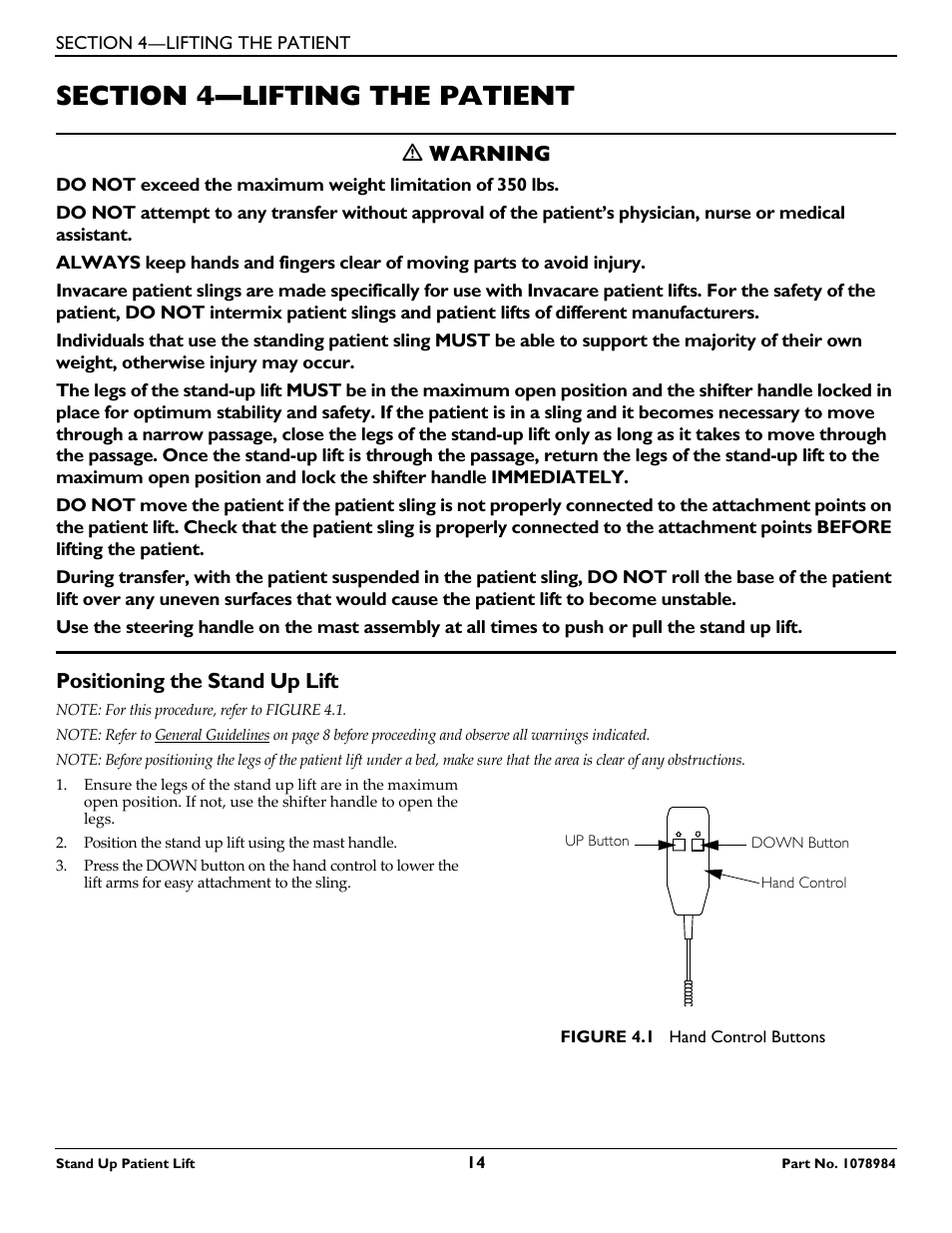 Section 4— lifting the patient, Positioning the stand up lift, Section 4—lifting the patient | Ƽ warning | Invacare RPS350-1 User Manual | Page 14 / 24