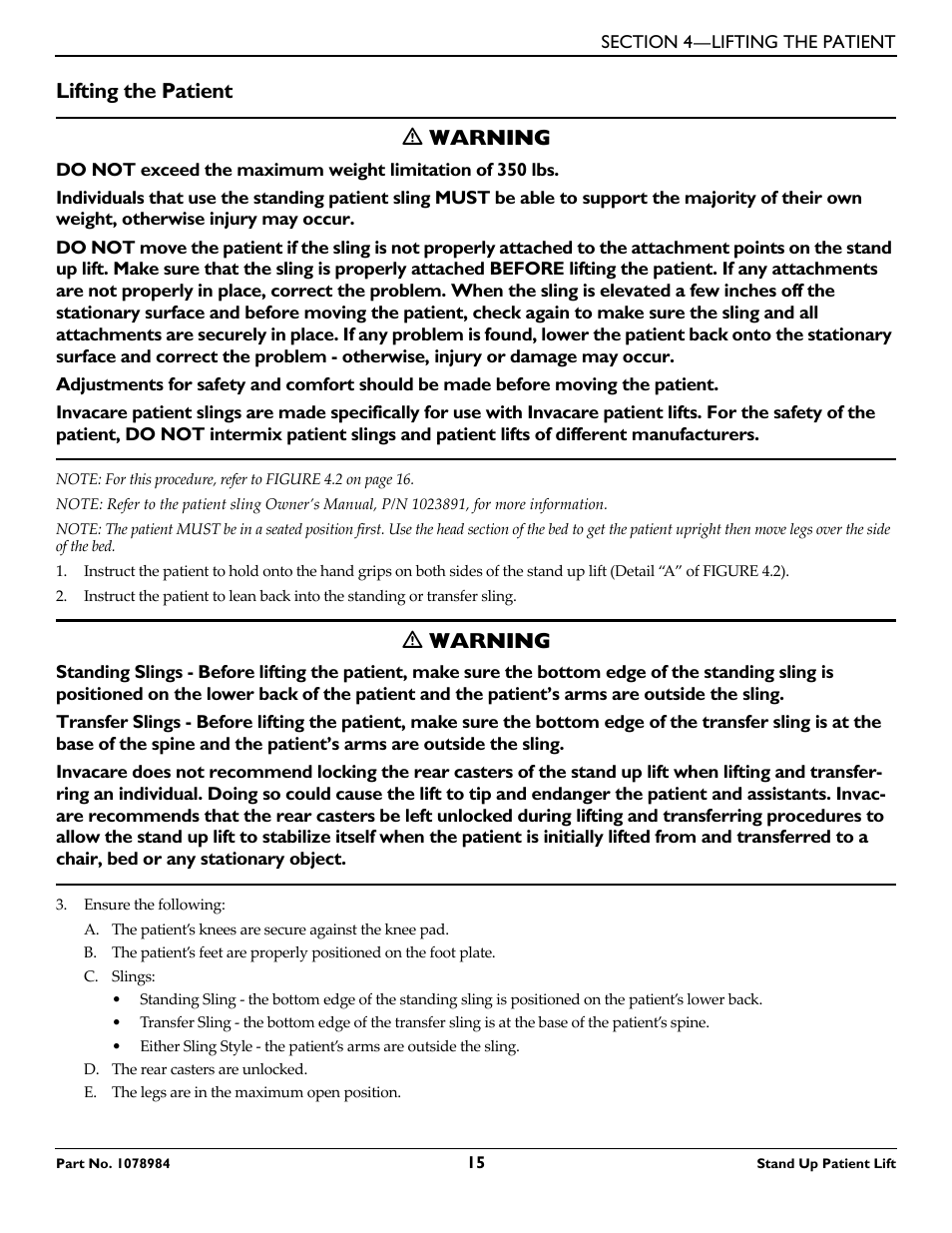 Lifting the patient, Lifting the patient ƽ warning, Ƽ warning | Invacare RPS350-1 User Manual | Page 15 / 24