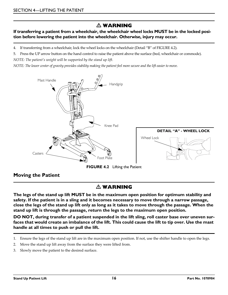 Moving the patient, Ƽ warning, Moving the patient ƽ warning | Invacare RPS350-1 User Manual | Page 16 / 24