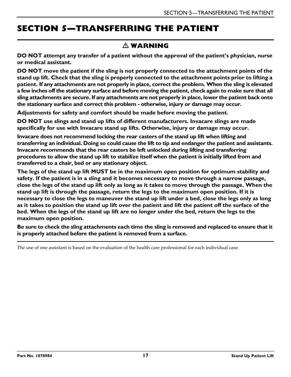 Section 5— transferring the patient, Section 5—transferring the patient | Invacare RPS350-1 User Manual | Page 17 / 24