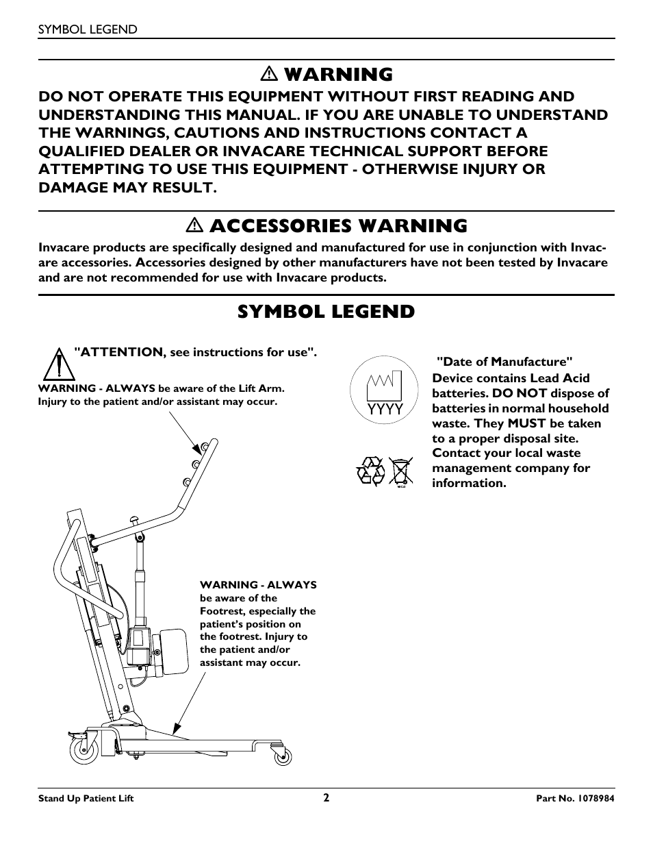 Symbol legend, Ƽ warning, Ƽ accessories warning | Invacare RPS350-1 User Manual | Page 2 / 24