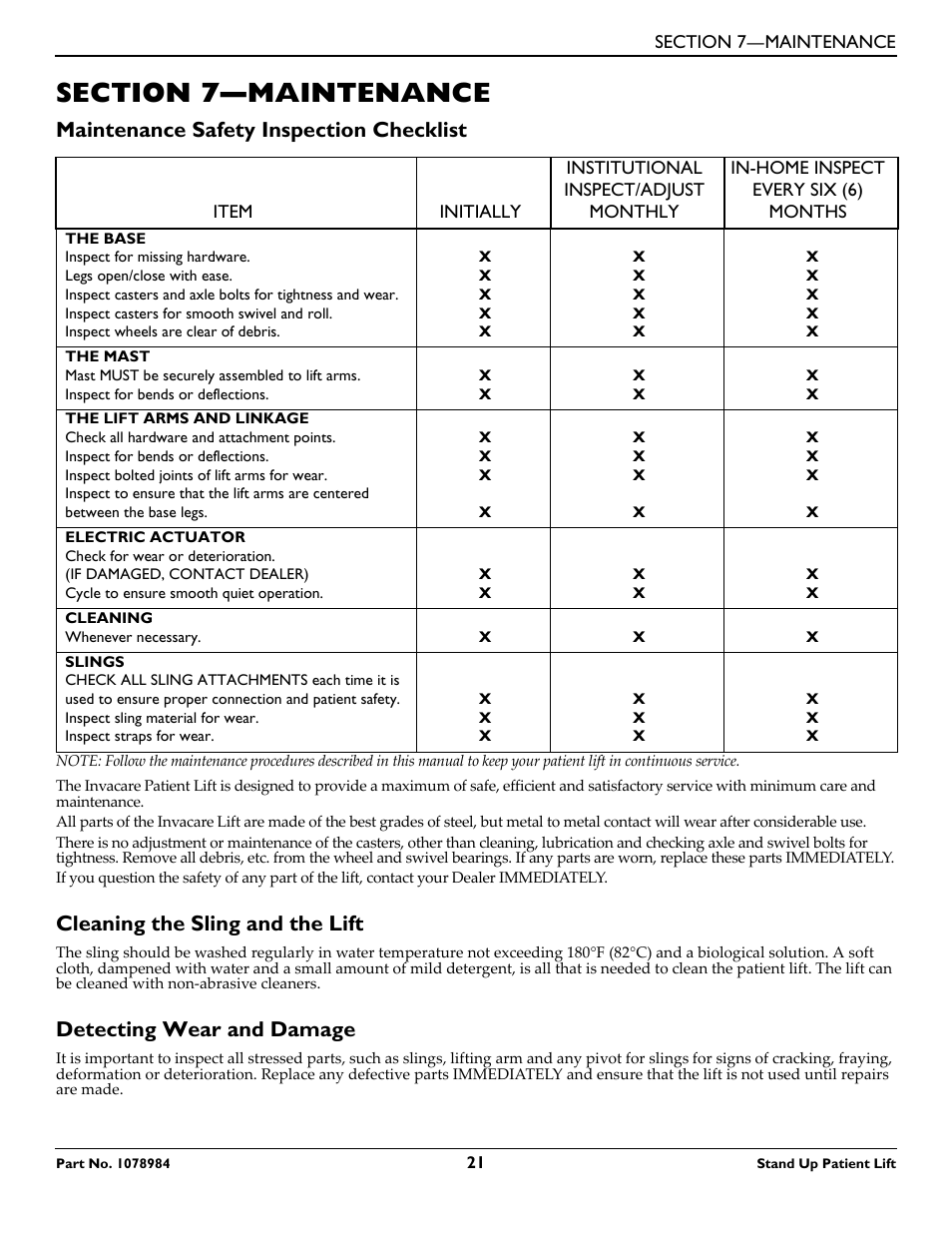 Section 7— maintenance, Maintenance safety inspection checklist, Cleaning the sling and the lift | Detecting wear and damage, Section 7—maintenance | Invacare RPS350-1 User Manual | Page 21 / 24
