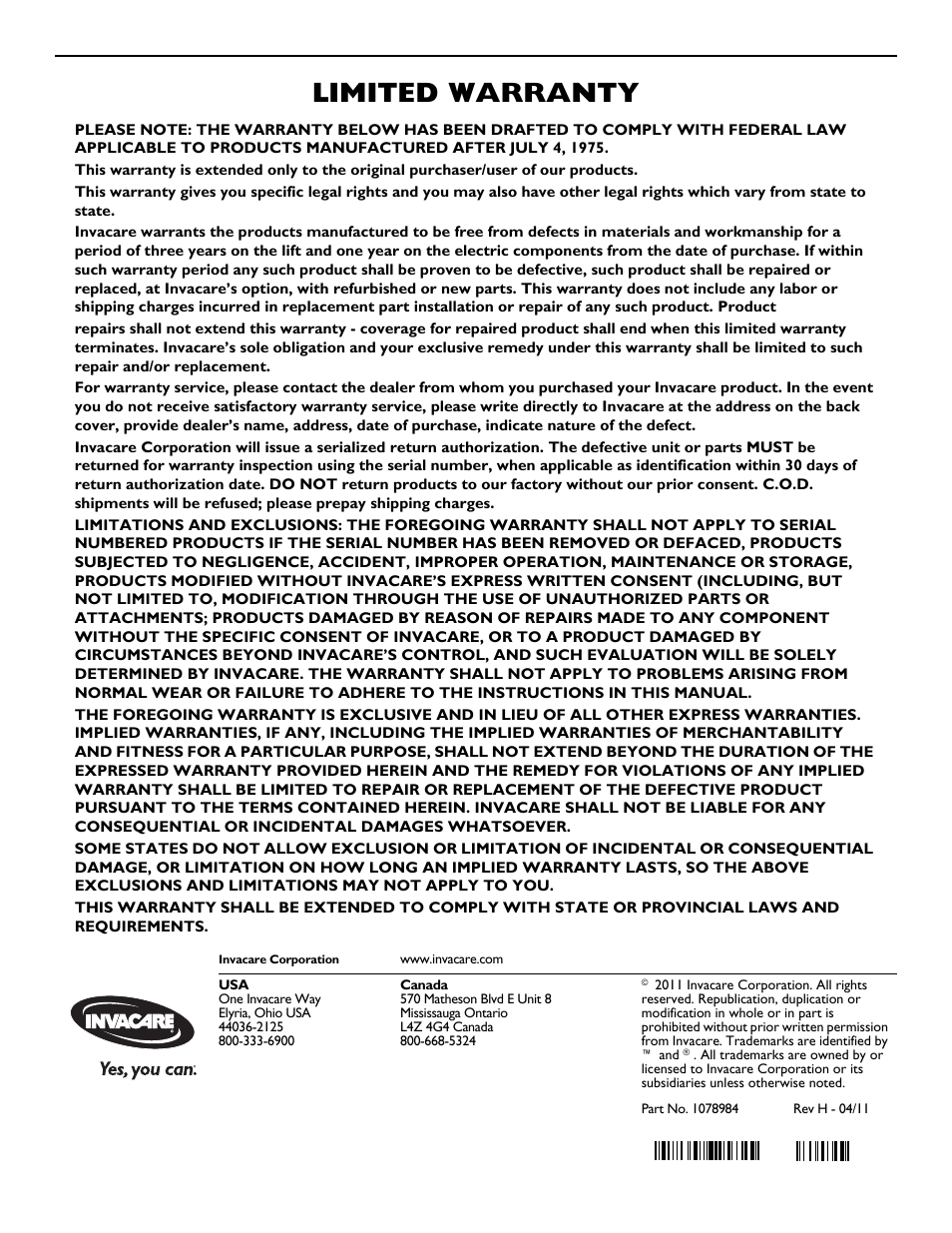 Limited warranty, Part no. 1078984 | Invacare RPS350-1 User Manual | Page 24 / 24