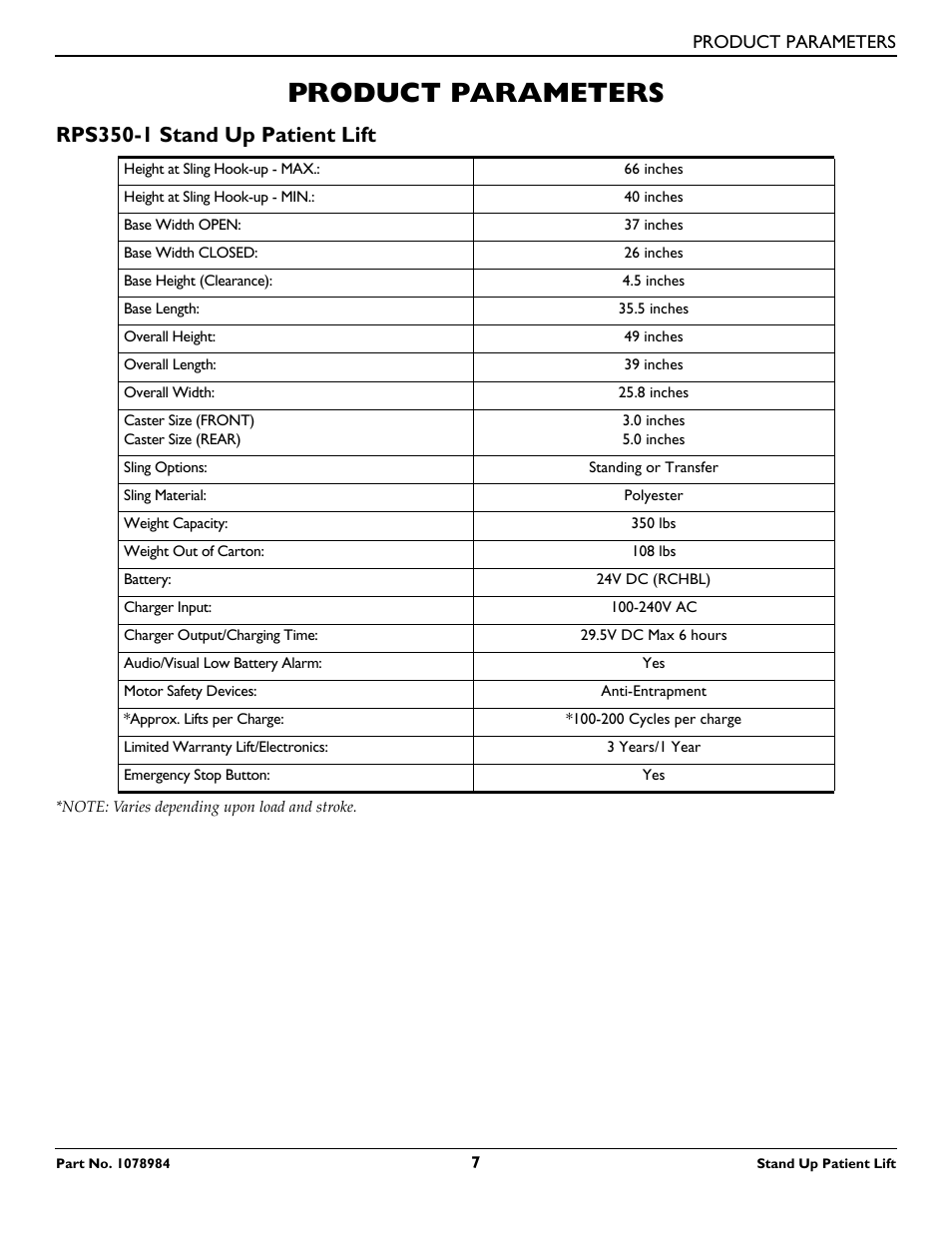 Product parameters, Rps350-1 stand up patient lift | Invacare RPS350-1 User Manual | Page 7 / 24