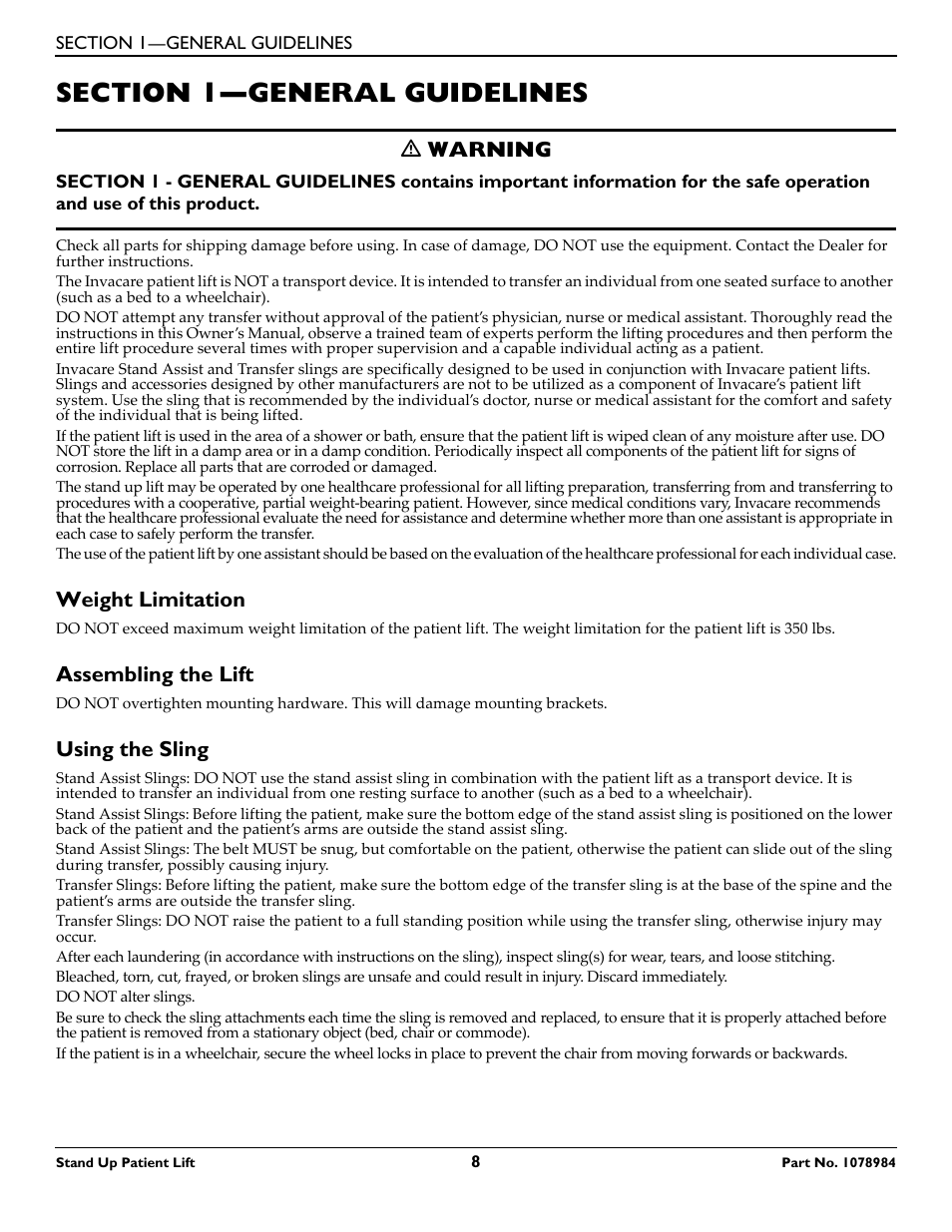 Section 1— general guidelines, Weight limitation, Assembling the lift | Using the sling, Section 1—general guidelines, Ƽ warning | Invacare RPS350-1 User Manual | Page 8 / 24