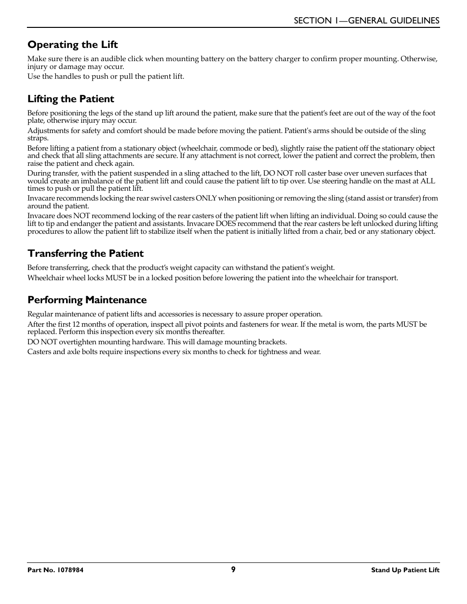 Operating the lift, Lifting the patient, Transferring the patient | Performing maintenance | Invacare RPS350-1 User Manual | Page 9 / 24