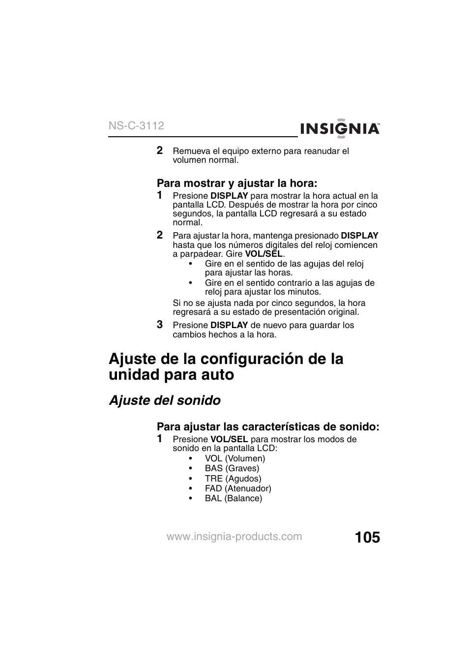 Ajuste de la configuración de la unidad para auto, Ajuste del sonido | Insignia NS-C3112 User Manual | Page 107 / 136