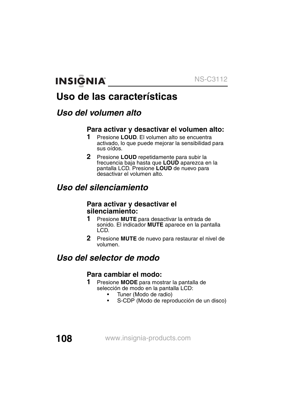 Uso de las características, Uso del volumen alto, Uso del silenciamiento | Uso del selector de modo | Insignia NS-C3112 User Manual | Page 110 / 136