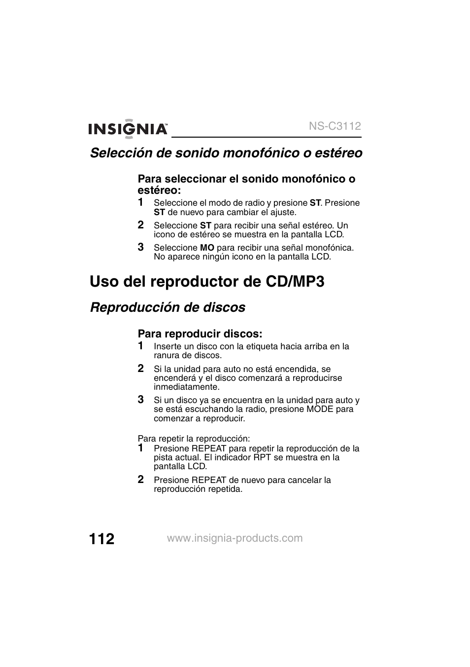 Uso del reproductor de cd/mp3, Selección de sonido monofónico o estéreo, Reproducción de discos | Insignia NS-C3112 User Manual | Page 114 / 136