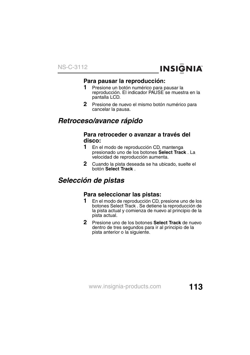 Retroceso/avance rápido, Selección de pistas | Insignia NS-C3112 User Manual | Page 115 / 136