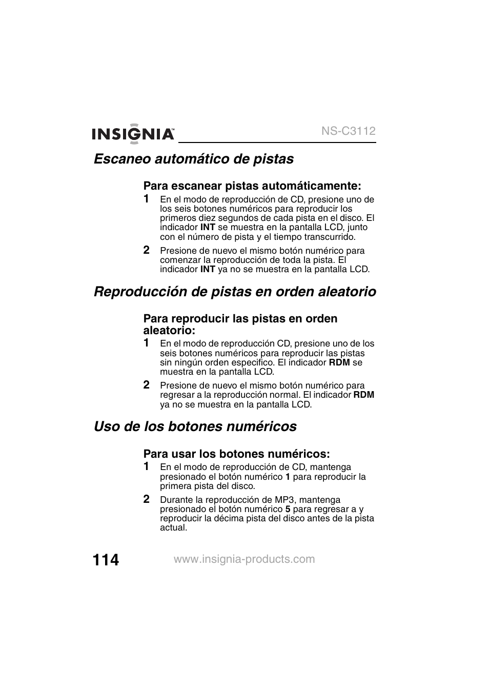 Escaneo automático de pistas, Reproducción de pistas en orden aleatorio, Uso de los botones numéricos | Insignia NS-C3112 User Manual | Page 116 / 136