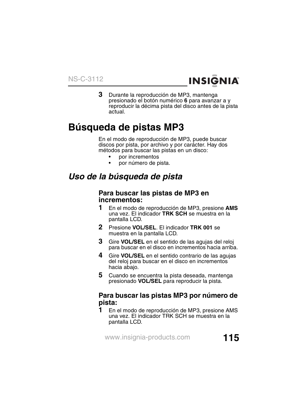Búsqueda de pistas mp3, Uso de la búsqueda de pista | Insignia NS-C3112 User Manual | Page 117 / 136
