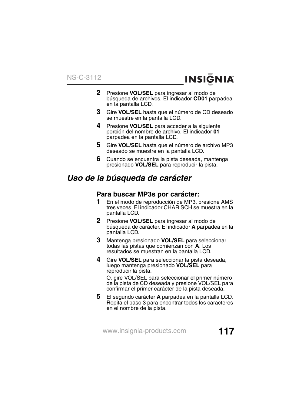 Uso de la búsqueda de carácter | Insignia NS-C3112 User Manual | Page 119 / 136