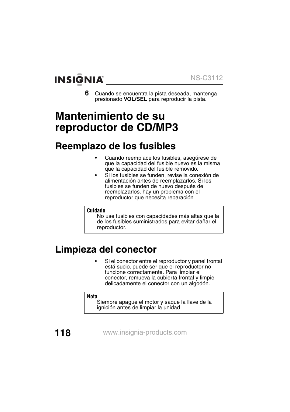 Mantenimiento de su reproductor de cd/mp3, Reemplazo de los fusibles, Limpieza del conector | Insignia NS-C3112 User Manual | Page 120 / 136