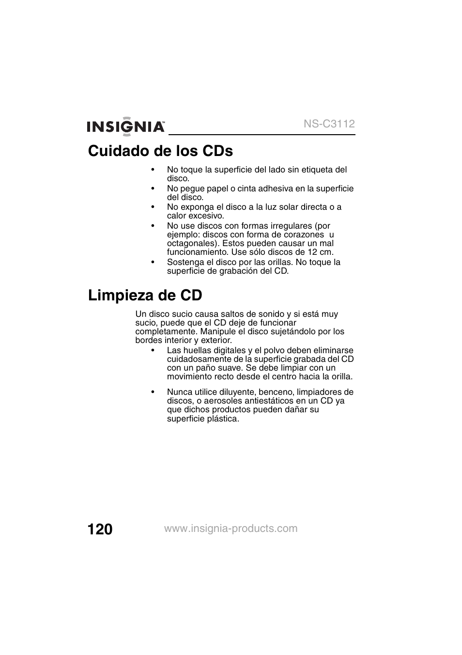 Cuidado de los cds, Limpieza de cd | Insignia NS-C3112 User Manual | Page 122 / 136