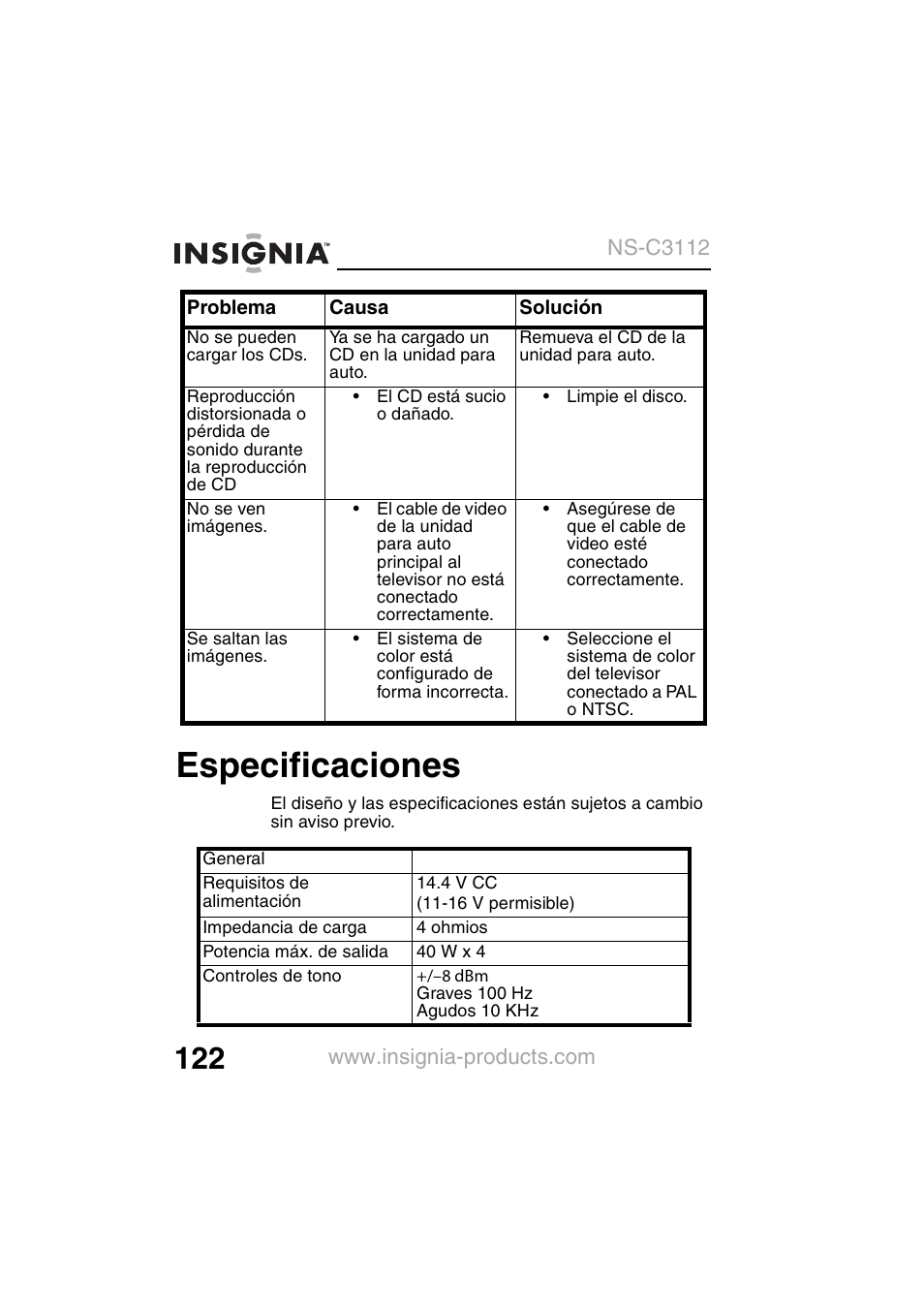 Especificaciones | Insignia NS-C3112 User Manual | Page 124 / 136