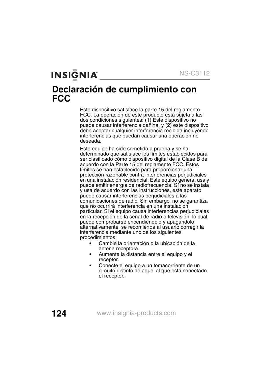 Declaración de cumplimiento con fcc | Insignia NS-C3112 User Manual | Page 126 / 136