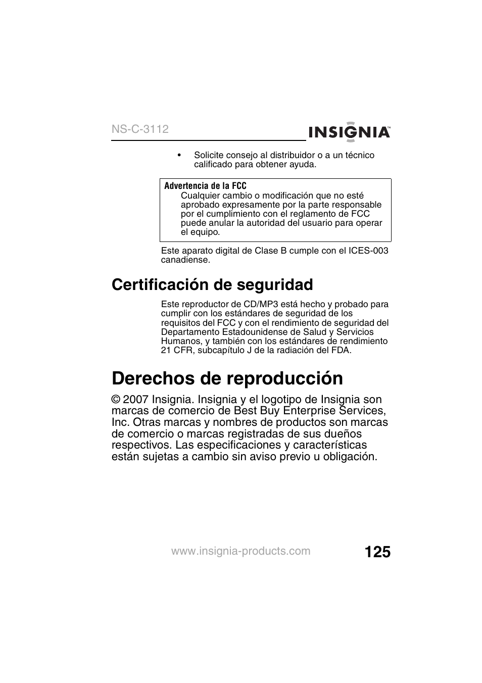 Derechos de reproducción, Certificación de seguridad | Insignia NS-C3112 User Manual | Page 127 / 136