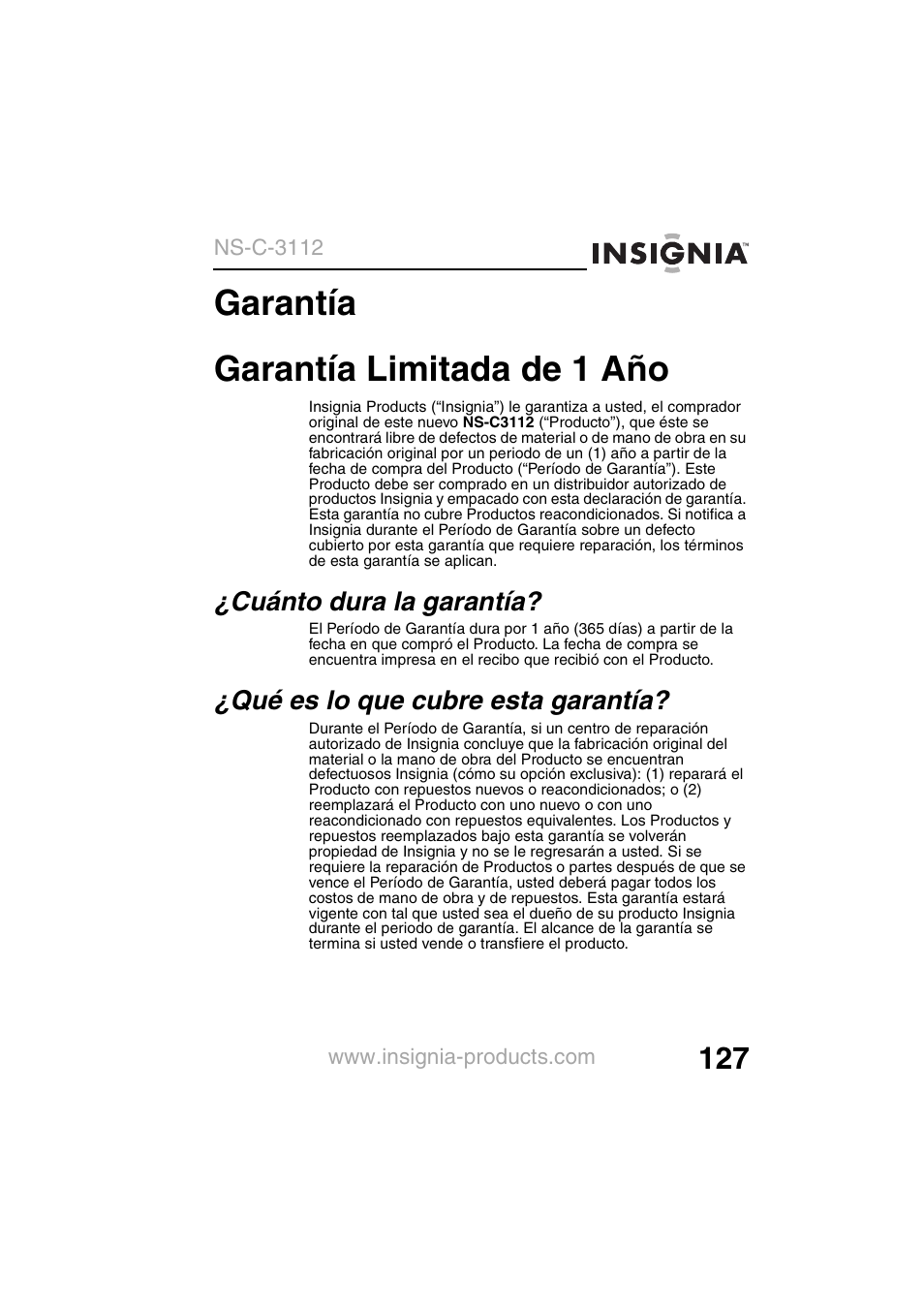 Garantía garantía limitada de 1 año | Insignia NS-C3112 User Manual | Page 129 / 136