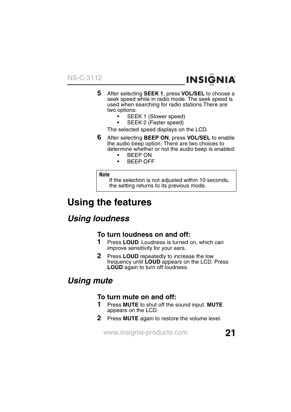 Using the features, Using loudness, Using mute | Insignia NS-C3112 User Manual | Page 23 / 136