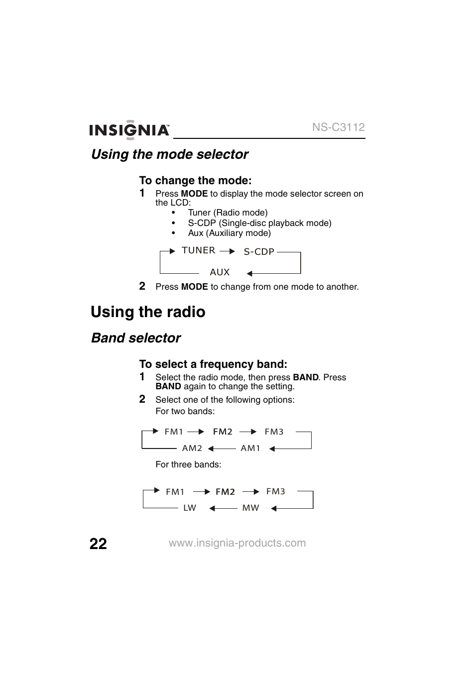 Using the radio, Using the mode selector, Band selector | Insignia NS-C3112 User Manual | Page 24 / 136