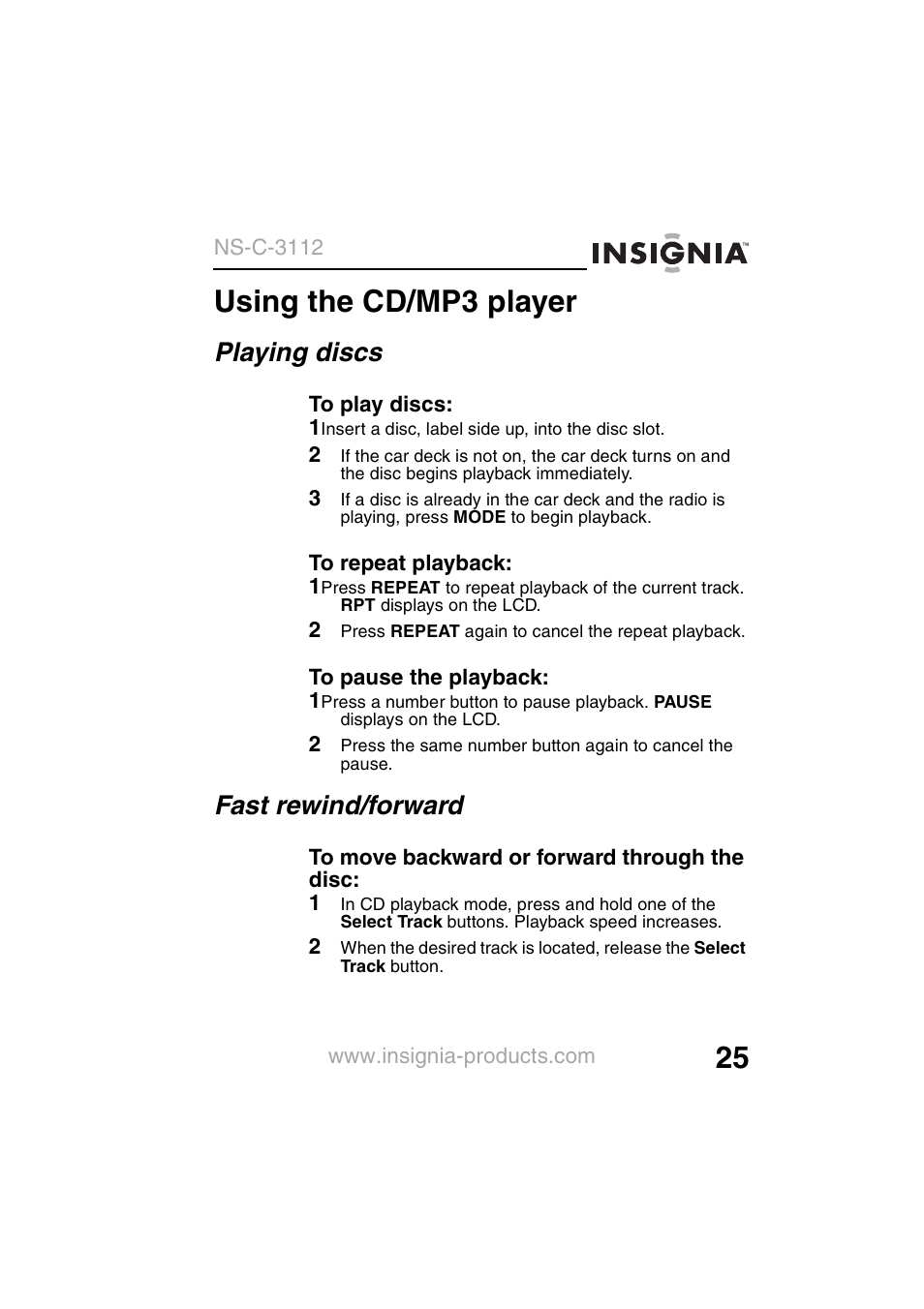 Using the cd/mp3 player, Playing discs, Fast rewind/forward | Insignia NS-C3112 User Manual | Page 27 / 136